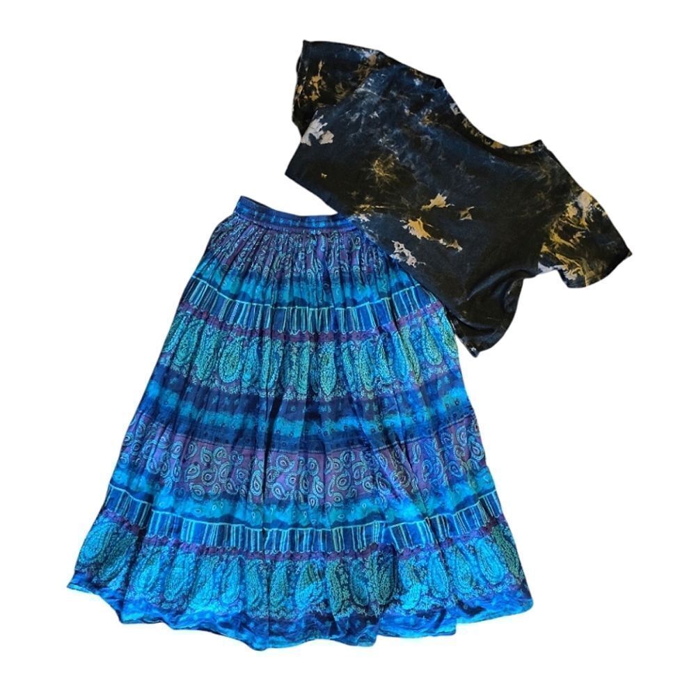 VTG 80s Blue Teal Purple Paisley Print Cotton Broomstick Midi Skirt Medium - Picture 7 of 13